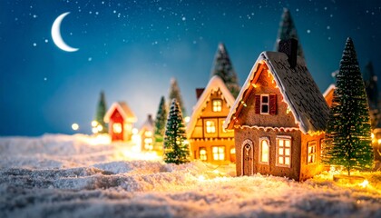 Fototapeta premium A magical miniature winter village illuminated by warm glowing lights under a starry moonlit sky