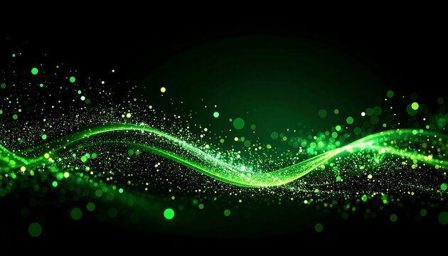 Abstract green wave with glowing particles on black background