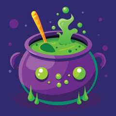 Cute Cartoon Witch's Cauldron with Boiling Green Potion