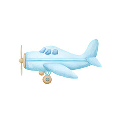A charming light blue airplane with a propeller soars through the sky in a watercolor style isolated on transparent background