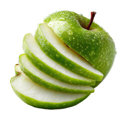 Slicing fresh green apple for healthy snack kitchen food bright environment view isolated on transparent background