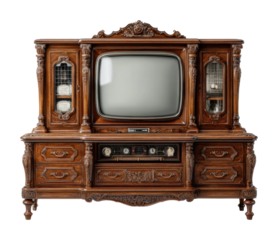Vintage television console displaying classic design living room furniture style retro front view isolated on transparent background