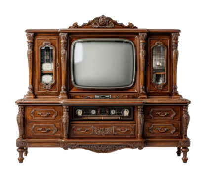 Vintage television console displaying classic design living room furniture style retro front view isolated on transparent background