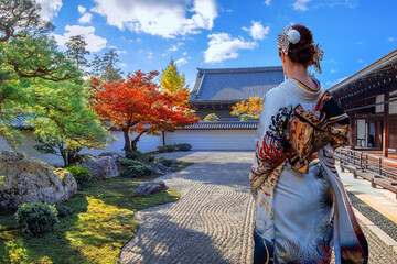 Japanese Woman in Traditional Kimono Dress at Nanzenji  temple and Hojo garden with beautiful foliage in autumn in Kyoto, Japan