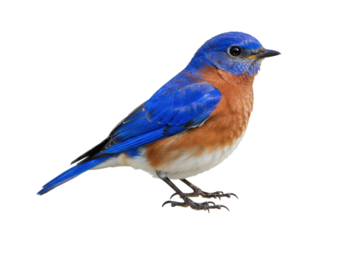 An adult eastern bluebird with vibrant blue back and reddish-brown breast, standing in profile view, a highly detailed photorealistic watercolor illustration isolated on a transparent background with
