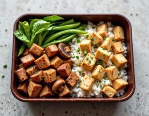 a simple vegan bento box with mushroom rice tofu and steamed vegetables arranged neatly inside