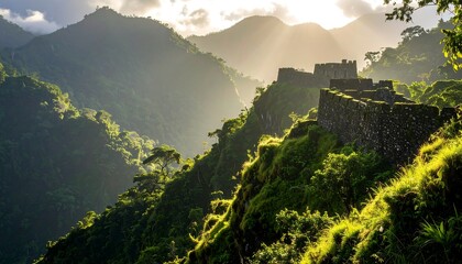 Mountain Fortress Ruins in Jungle Sunlight Scenic Landscape