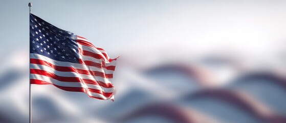 The American flag waving proudly against a blurred background of soft colors