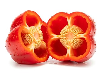 Red Bell Pepper Halves with Water Droplets on Bright White Background