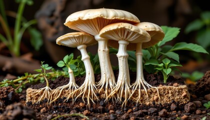 a diagram of mushroom roots or mycelium growing through different types of substrate showing how medium impacts mushroom growth