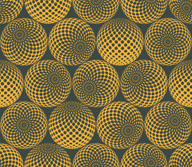 Halftone dots patterned 3d balls in different positions psychedelic art style seamless vector green yellow abstract background. Half tone graphic continuous hypnotic crazy abstraction for backgrounds
