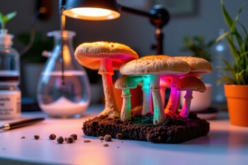a scientific setup testing different light colors on mushroom growth showing which wavelength supports growth