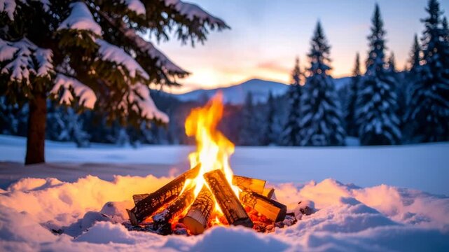 Winter campfire in snowy forest