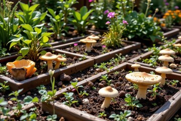a garden with mushroom beds arranged to receive different amounts of sunlight and airflow