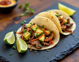 a fusion taco filled with marinated shiitake mushrooms avocado and thai chili sauce presented on a slate plate with lime wedges