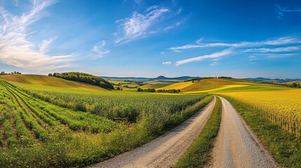 an immersive panoramic view of burgenland&acirc;&euro;&trade;s breathtaking countryside, where a long gravel road runs straight through fields of lush spring crops, disappearing at the vanishing point on the horizon