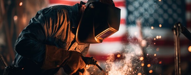 The welder creating sparks in front of an American flag backdrop.
