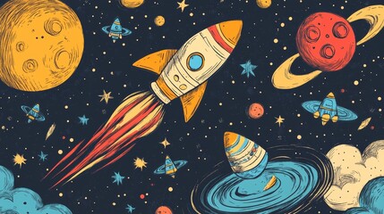 a lively space-themed composition featuring hand-drawn rocket ships with bold, sketchy outlines, zooming past floating asteroids and tiny craters on a textured moon surface bright and colorful ufos
