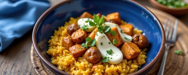 a fusion curry with mushrooms tofu and coconut cream served over saffron rice in a deep blue ceramic bowl