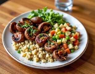 mushroom skewers marinated in teriyaki and served with mediterranean couscous salad in a bright modern dining setup