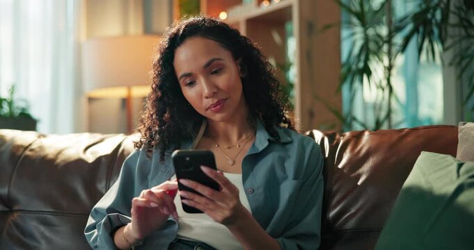 Woman, phone and happy with texting on sofa, contact and web chat for online dating in lounge at home. Person, smartphone and check notification with mobile app, scroll and social network at house