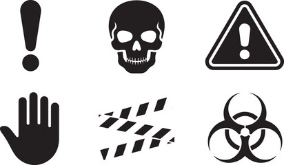 Essential Warning and Hazard Icons Collection Featuring Exclamation, Skull, Triangle, Hand, Tape, Biohazard