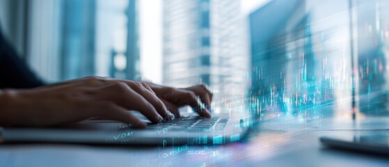 The Hands Typing on a Laptop Displaying Digital Data and City Reflections
