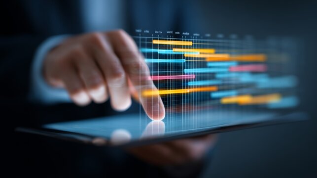 Professional managing colorful project timeline on tablet with gantt chart visualization