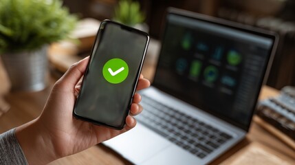 Hand holding smartphone displaying green checkmark with laptop showing analytics in background