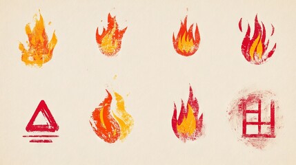 a minimalist fire safety illustration set, featuring rough chalk-textured warning symbols and flame sketches the imperfect, crayon-like strokes create a handmade aesthetic, with each icon