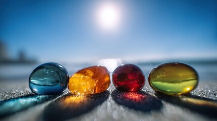 Four orange, pink, green, and yellow luminous glass stones located on the beach with blue sea, white sand, blue sky, and golden sun; Quiet and peaceful.