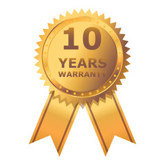 10 Years warranty label, badge, icon, logo. Golden ten years warranty round sticker, medal with ribbon