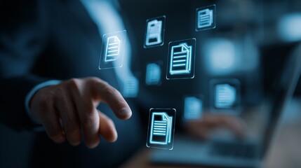 Business professional managing digital documents with floating file icons above laptop