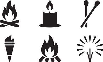 Fire and Flame Icons Collection Featuring Campfire, Candle, Torch, and Fireworks on Transparent Backdrop