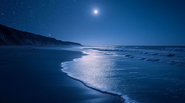 a peaceful coastal nightscape, where the ocean glows under the celestial embrace of a starlit sky the gentle waves move in a slow, rhythmic motion, illuminated by the silvery moonlight, casting a