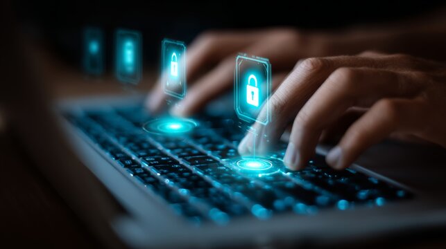 Hands typing on keyboard with glowing blue security padlock icons for cybersecurity concept