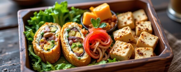 a fusion bento box featuring mushroom curry sandwich sushi and grilled tofu in a colorful wooden tray