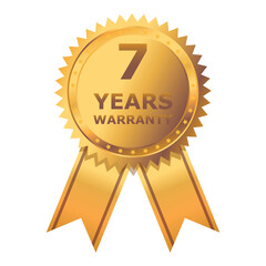 7 Years warranty label, badge, icon, logo. Golden seven years warranty round sticker, medal with ribbon