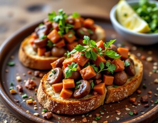 fusion bruschetta with mushroom stir fry and gochujang glaze on toasted bread with sesame topping
