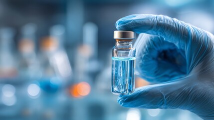 Medical professional in blue gloves holding vaccine vial in laboratory setting