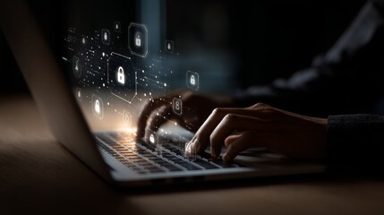 Cybersecurity professional working on laptop with floating padlock security icons