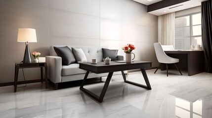 Luxury studio apartment interior design with cozy ash grey reclining sofa,  Scandinavian-style desk and chair with slim laptop and warm desk lamp, 3D Illustrations. 3D Rendering,