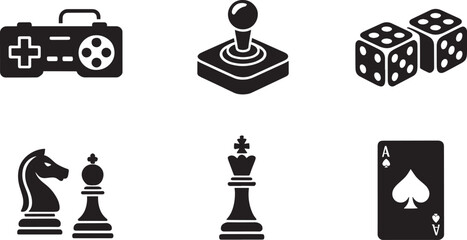 Gaming Icons Set Vector Illustration Gamepad Joystick Dice Chess Pieces Playing Card Symbols © MC Creative