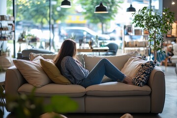Obraz premium A customer sitting on a sofa in a furniture shop, testing comfort and quality, clean and professional composition, copy space, natural color, minimalism, stock photography