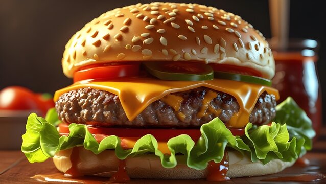 Appetizing burger served in various settings ideal for restaurant menus, food delivery promos, cooking blogs, or social media content. Versatile and visually appealing.
 - Powered by Adobe