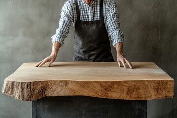 A craftsman sanding a wooden surface in a furniture store workshop, focused on detail and quality, clean and professional composition, copy space, natural color, minimalism, stock photography