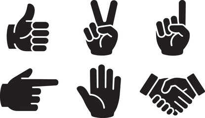 Hand Gestures Icons Set Vector Illustration with Thumbs Up, Peace, Pointing, Handshake and Open Palm