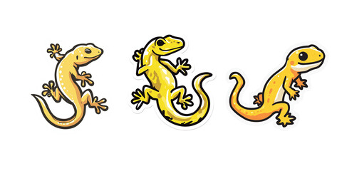 Three yellow gecko stickers, cute cartoon style isolated on a transparent background