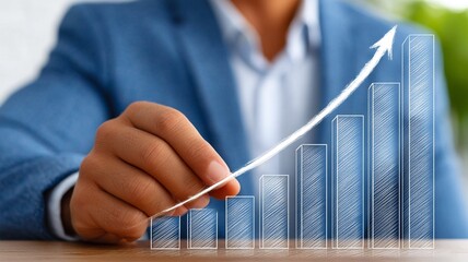 Businessman's hand guides upward trend arrow over bar graph symbolizing financial growth and success