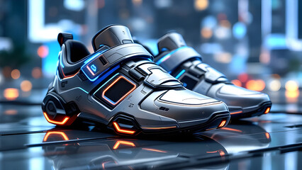 A pair of futuristic silver sneakers with neon accents sitting on a reflective surface indoors